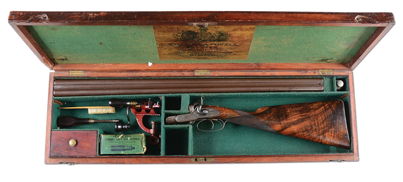 (A) WILLIAMS & POWELL 16 BORE DOUBLE HAMMER GUN CONVERTED FROM PERCUSSION WITH MAHOGANY CASE.