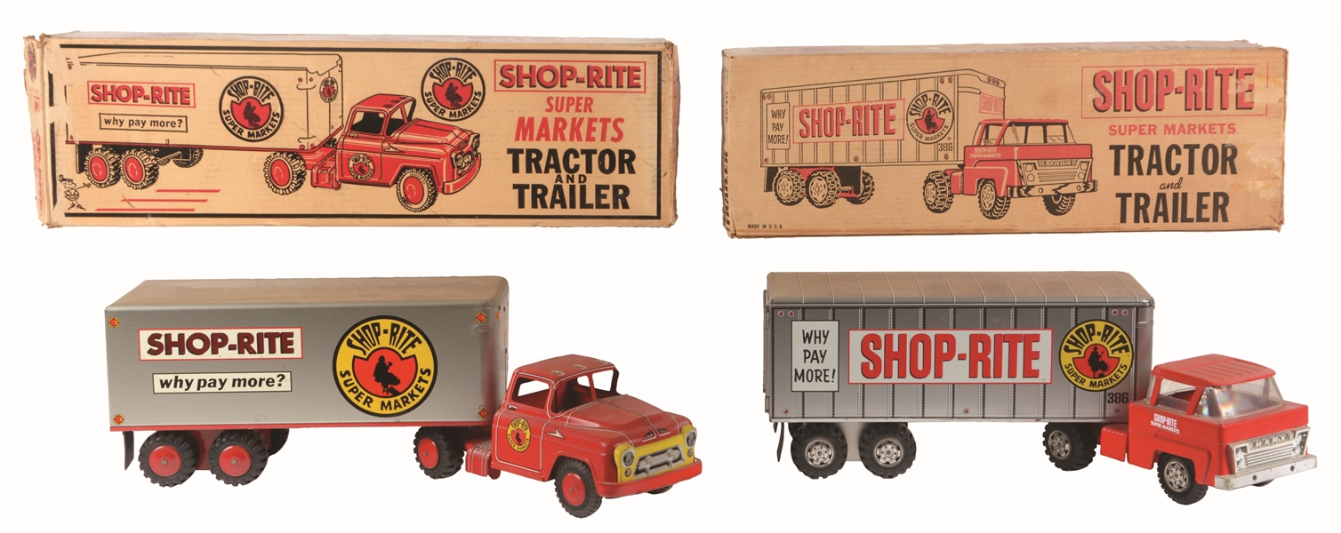 LOT OF 2: MARX PRESSED STEEL SHOPRITE TRACTOR-TRAILER TOYS.