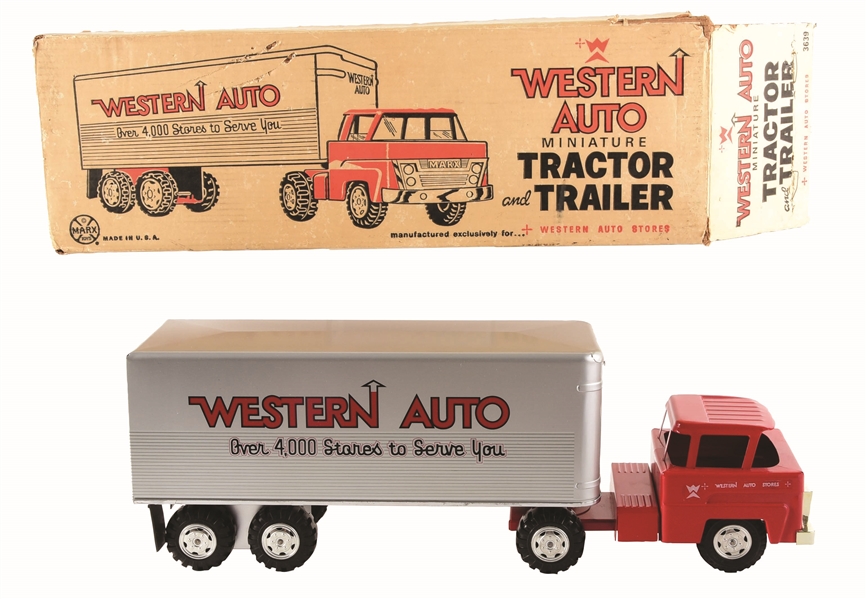 LOT OF 2: MARX PRESSED STEEL WESTERN AUTO & HOME HARDWARE STORE TRACTOR-TRAILERS.