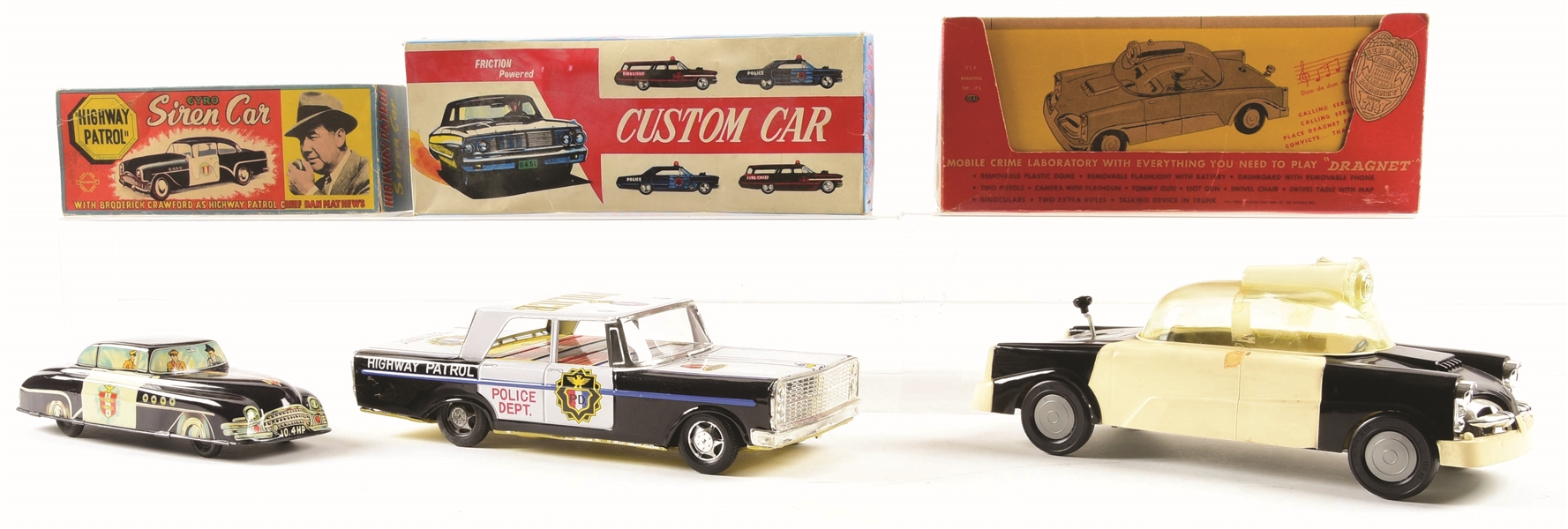 LOT OF 3: TIN-LITHO & PLASTIC POLICE-RELATED TOY VEHICLES.