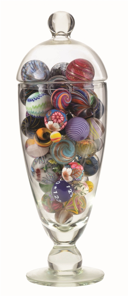 VASE OF ASSORTED MARBLES.