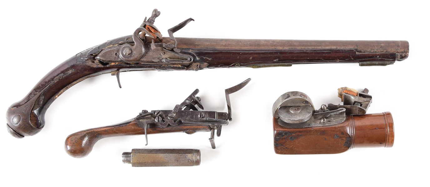 (A) LOT OF FOUR: UNMARKED FLINTLOCK PISTOL AND THREE POWDER TESTERS.