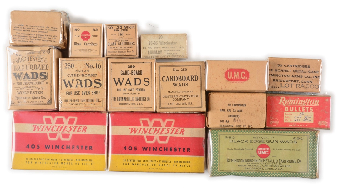LOT OF FIFTEEN BOXES OF COLLECTIBLE AMMO/WADS/BULLETS.