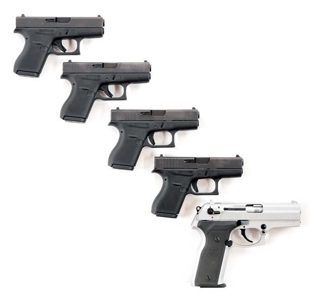 (M) LOT OF FIVE: FOUR POLICE GLOCK 42 AND STOEGER COUGAR 8040F SEMI AUTOMATIC PISTOLS.