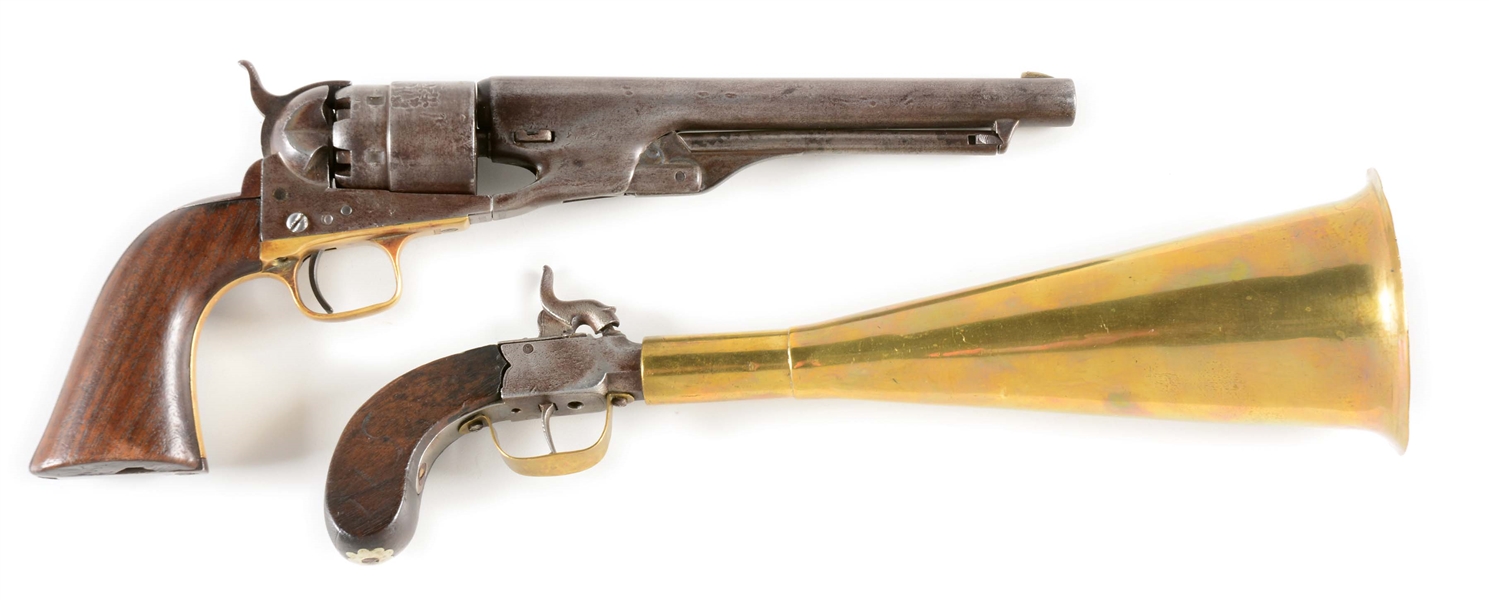 (A) LOT OF TWO: COLT 1860 ARMY PERCUSSION REVOLVER TOGETHER WITH AN EARLY MAGICIANS PISTOL.