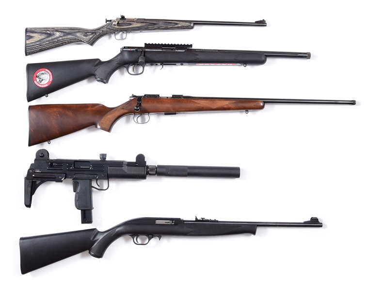 (M) LOT OF FIVE: .22 CALIBER BOLT ACTION AND SEMI AUTOMATIC RIFLES.