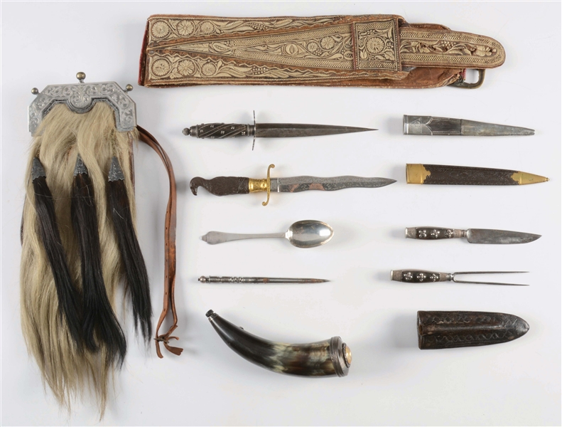 LARGE LOT OF SILVER ACCOUTREMENTS INCLUDING A SPORRAN, BALDRIC, VARIOUS PIECES OF SILVERWARE INCLUDING A SPOON FROM JACOB HURD, AND A CONTEMPORARY HORN.
