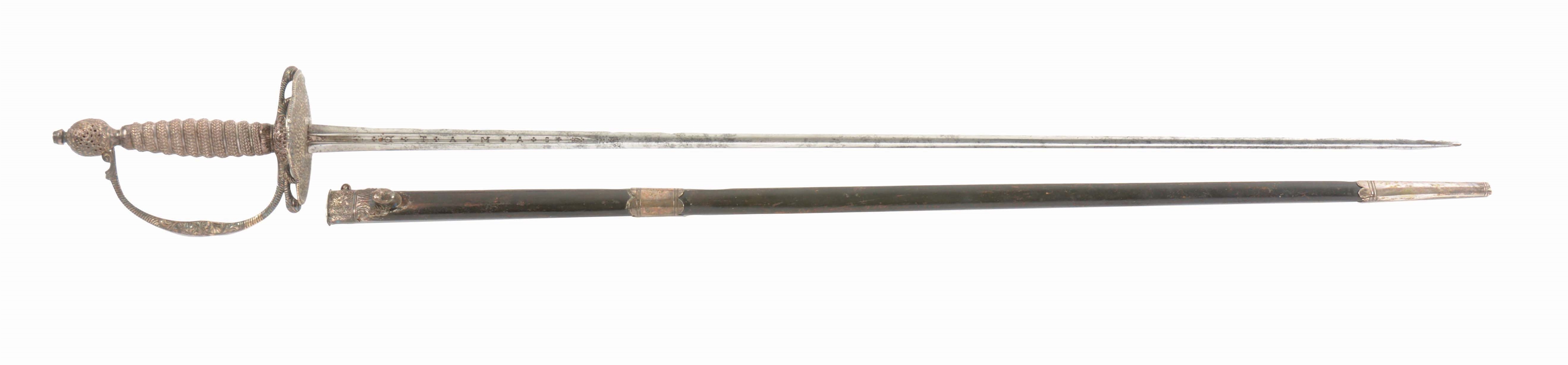EXQUISITE ENGLISH PIERCED SILVER-HILTED SMALL SWORD AND SCABBARD BY BLAND, HALLMARKED FOR 1767.