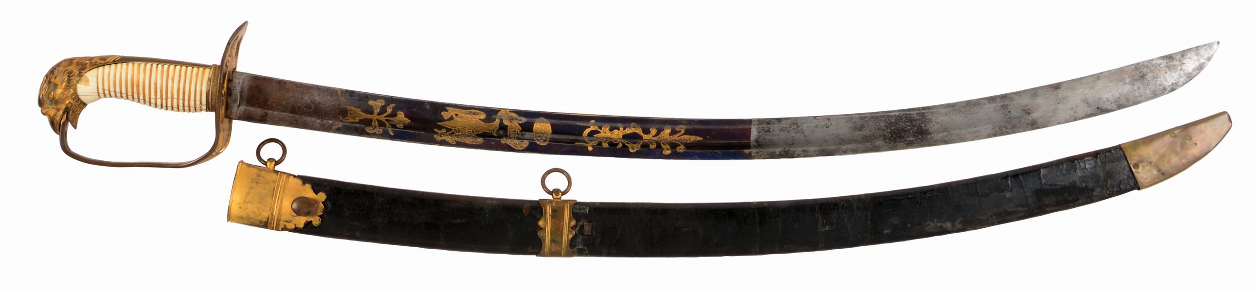 ELABORATE AND EARLY EAGLE HEAD POMMEL SABER WITH SCABBARD.