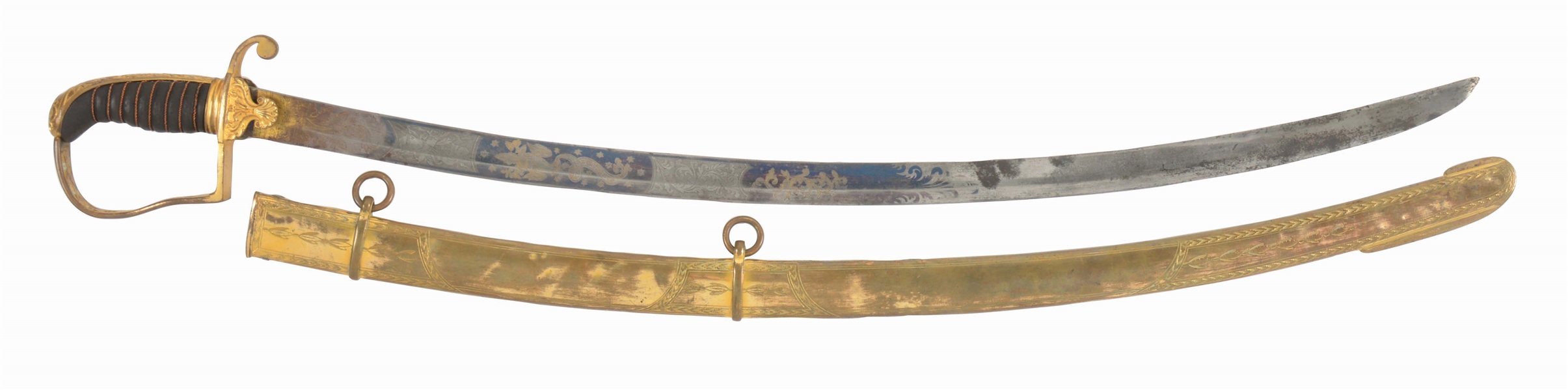 ELABORATE GILT BRASS MOUNTED ARTILLERY OFFICERS SABER WITH SCABBARD.