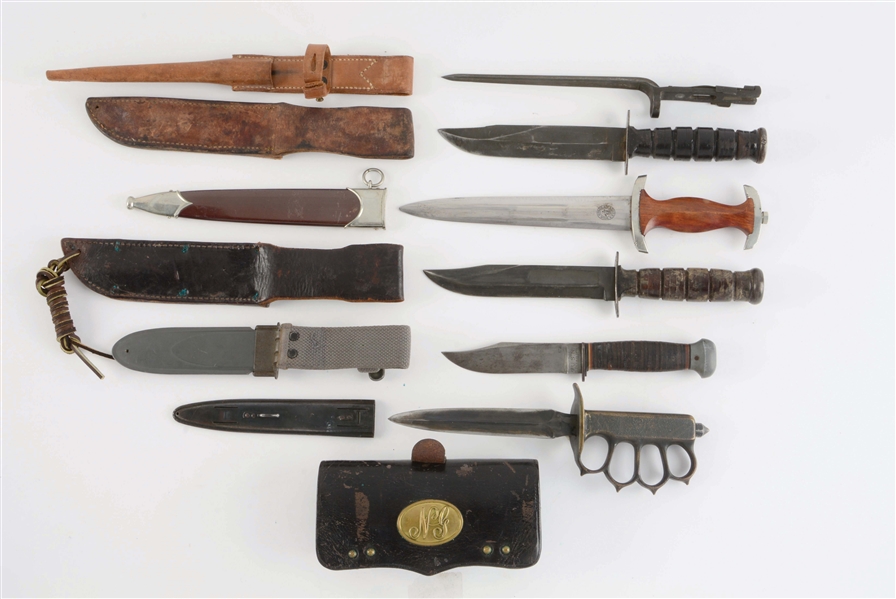 LOT OF 6: GERMAN SA DAGGER, US WORLD WAR I AND WORLD WAR II KNIVES AND FRAZIER CARTRIDGE BOX.