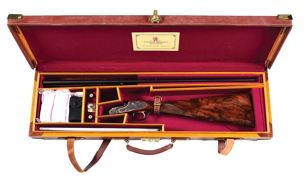 (M) SUPERB PURDEY PATTERN LONG BARRELLED .410 OVER UNDER PINLESS SIDELOCK EJECTOR SINGLE TRIGGER GAME GUN BY CHARLES BOSWELL WITH CASE AND ACCESSORIES.