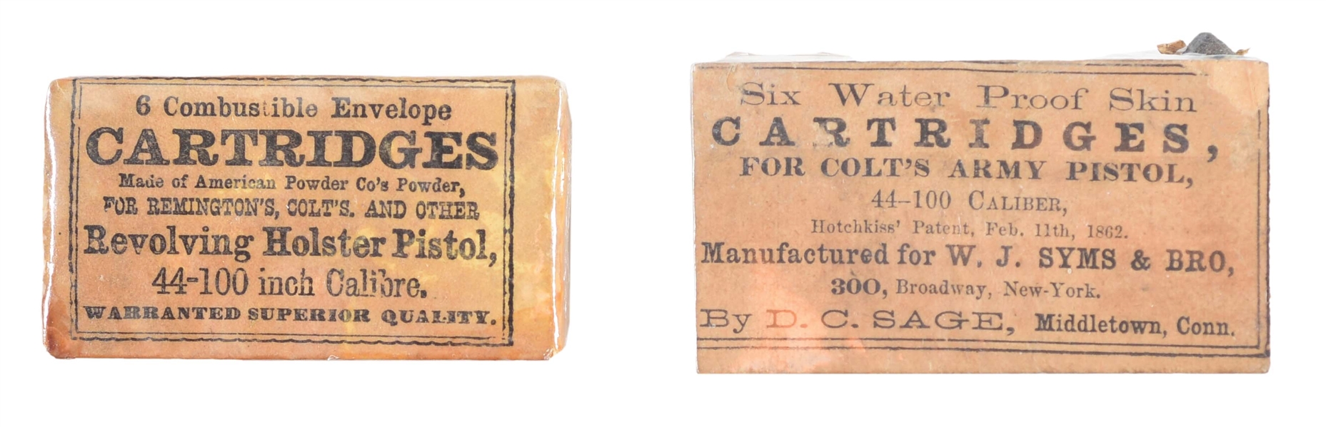 LOT OF TWO: SYMS & BROS. AND AMERICAN POWDER .44 COLT ARMY PISTOL CARTRIDGE SKINS, FORMER DR. JOSEPH MURPHY COLLECTION