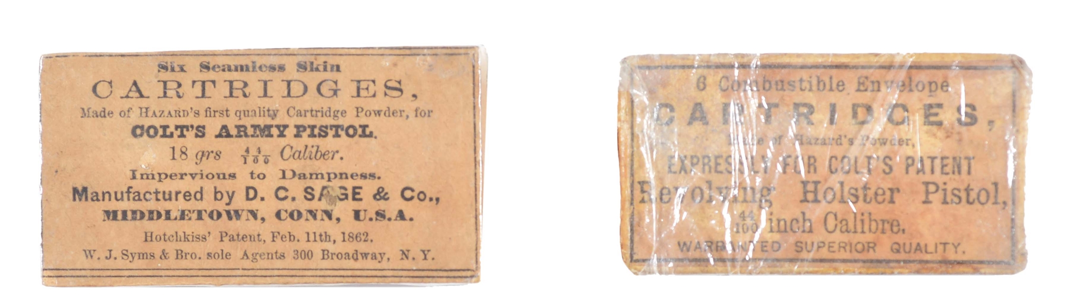 LOT OF 2: SAGE & CO. AND HAZARDS POWDER .44 COLT ARMY REVOLVER CARTRIDGE SKINS