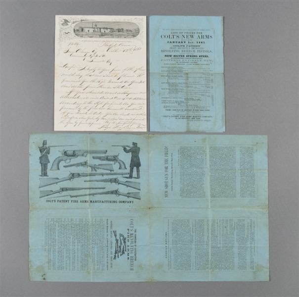 WONDERFUL LOT OF THREE RARE PIECES OF COLT EPHEMERA, CONSISTING OF (A) CIRCA 1860 COLT ADVERTISING CIRCULAR, (B) 1861 COLT PRICE LIST, AND (C) 1861 MILITARY COMMISSARY CORRESPONDENCE.