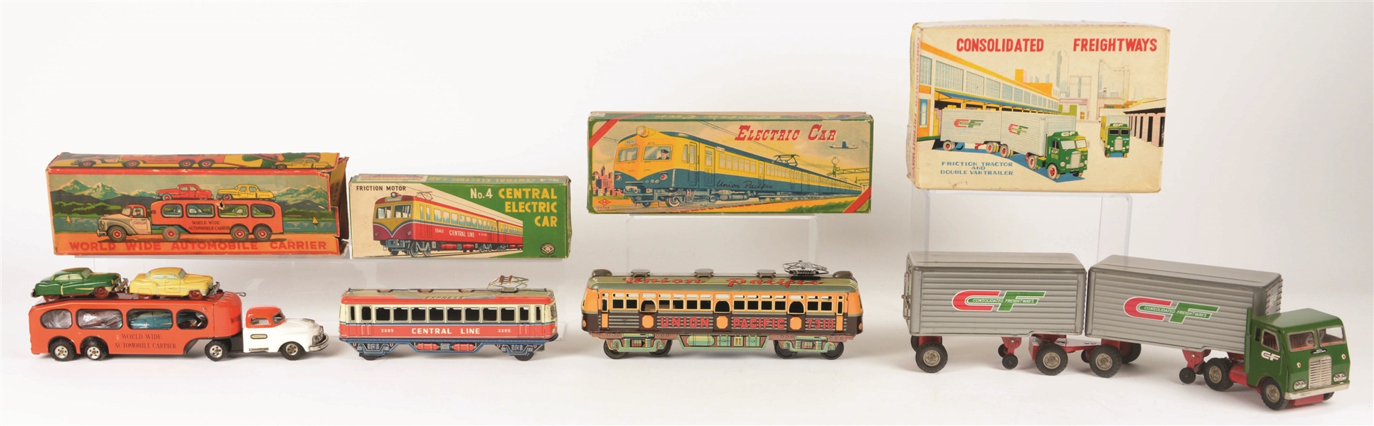 LOT OF 4: JAPANESE TIN-LITHO FRICTION VEHICLE TOYS IN ORIGINAL BOXES.