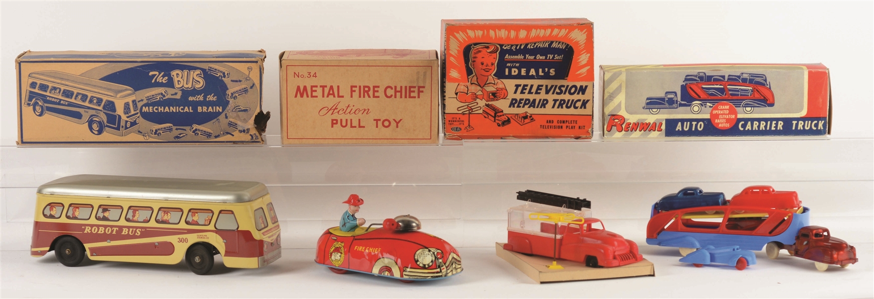 LOT OF 4: TIN-LITHO & PLASTIC VEHICLE TOYS.