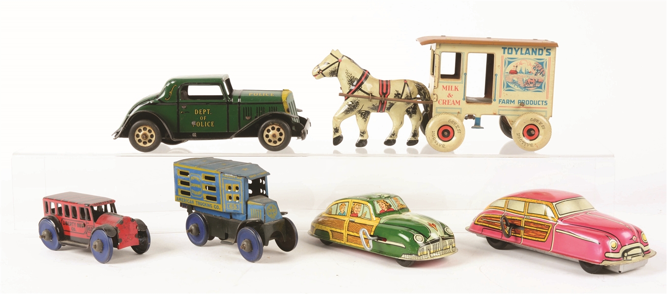 LOT OF 6: MARX TIN-LITHO & FRICTION VEHICLE TOYS.