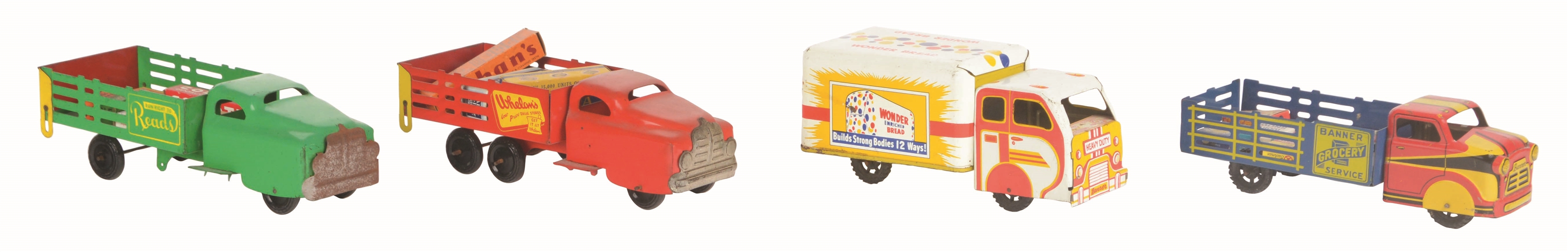 LOT OF 4: PRESSED STEEL BANNER TOY DELIVERY TRUCKS.
