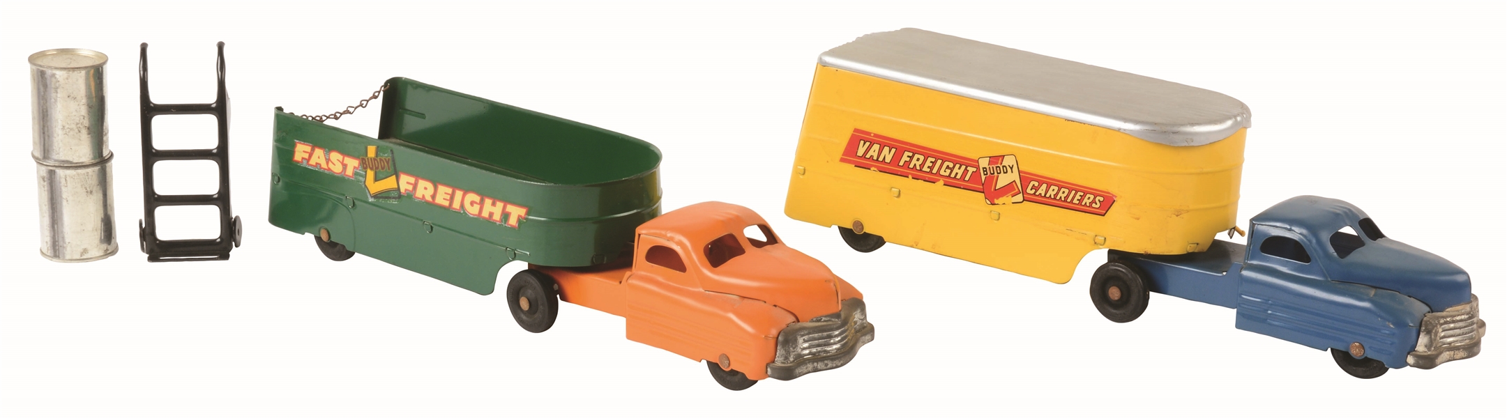LOT OF 2: BUDDY L PRESSED STEEL TRAILER VEHICLE TOYS.