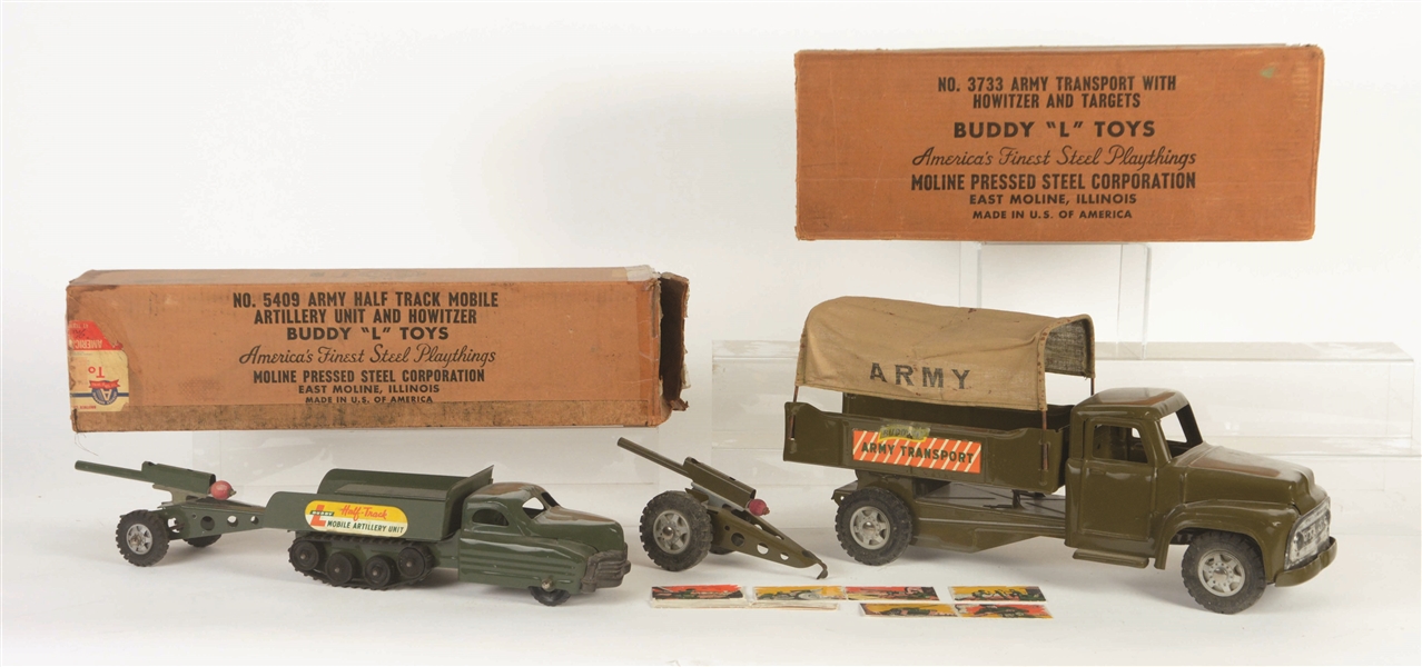 LOT OF 2: PRESSED STEEL BUDDY L MILITARY TRUCKS WITH ORIGINAL BOXES.