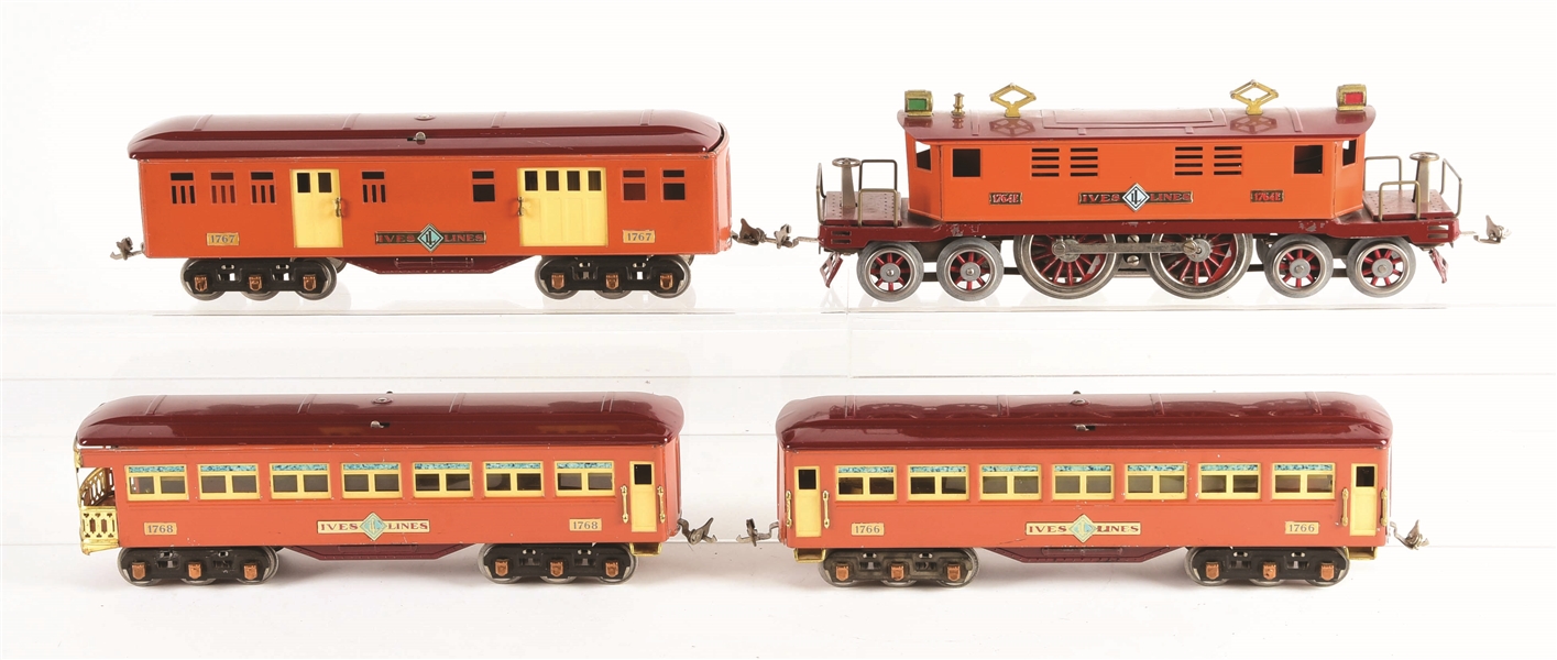 IVES 1764-E LOCOMOTIVE WITH 1767 COMBO, 1766 COACH & 1768 OBSERVATION CAR.