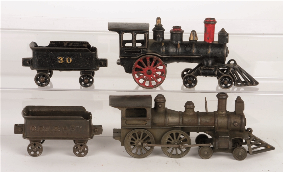 LOT OF 4: CAST-IRON TOY FLOOR TRAINS.