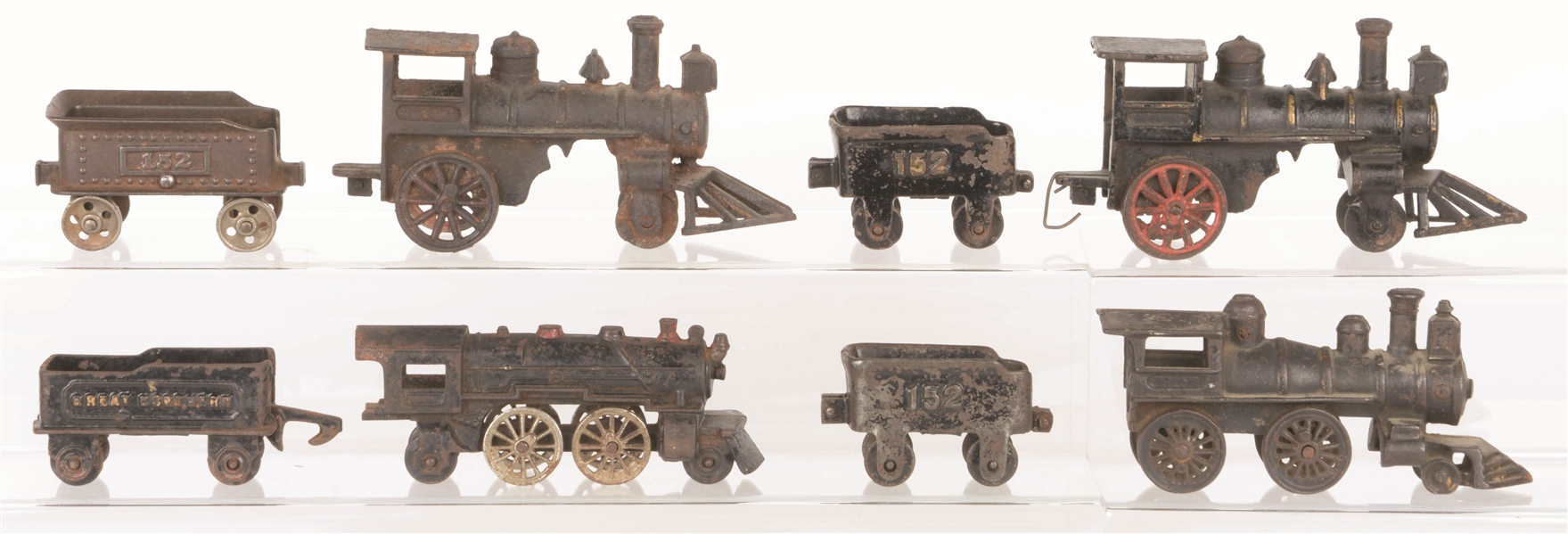 LOT OF 8: CAST-IRON FLOOR TOY STEAM LOCOMOTIVES & NOT NECESSARILY MATCHING TENDERS.