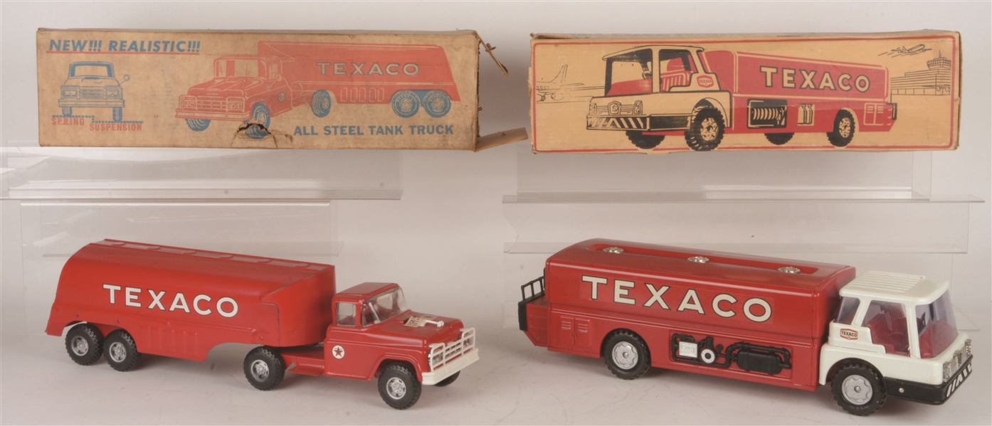 LOT OF 2: PRESSED STEEL TEXACO TRACTOR-TRAILER TRUCKS WITH ORIGINAL BOXES.