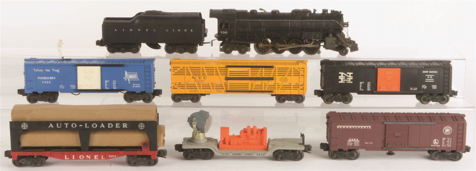 LOT OF 8: LIONEL NO.736 LOCOMOTIVE & TENDER WITH ASSORTED FREIGHT CARS.