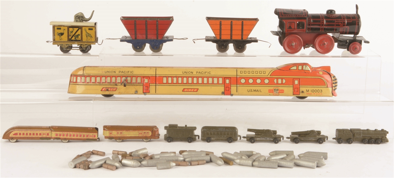 LOT OF 8: MOSTLY MARX TOY TRAINS & KBN CIRCUS CAR.