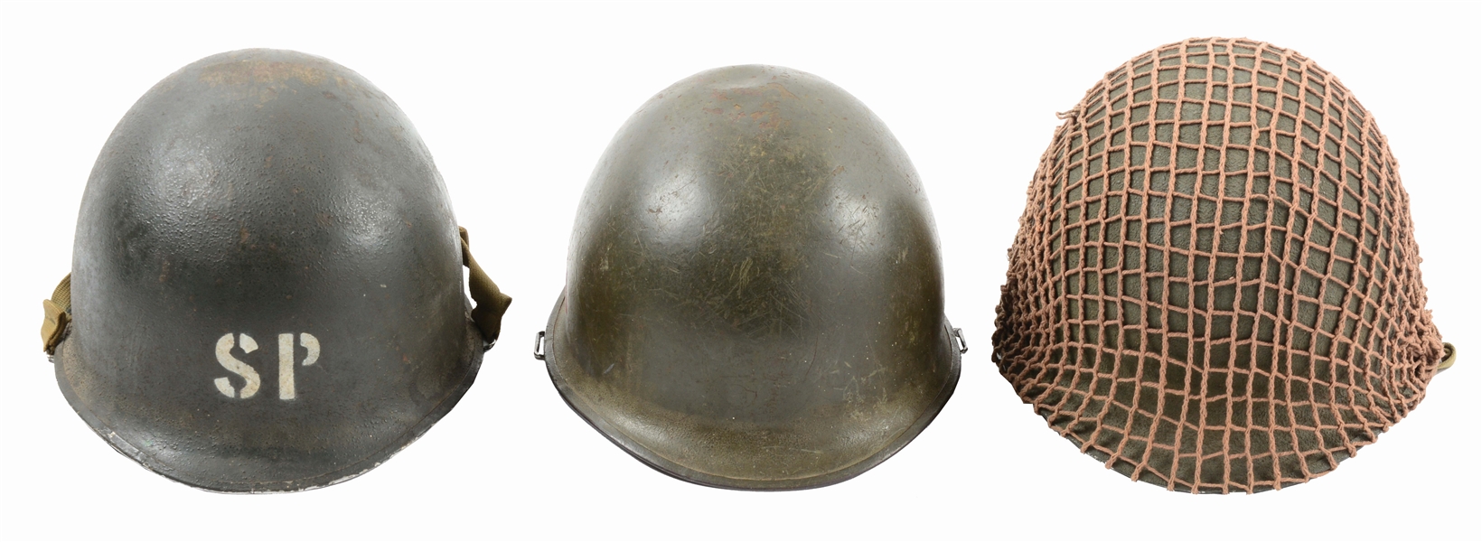 LOT OF 4: 12TH ARMORED DIVISION, SHORE PATROL, NETTED M1 HELMETS, AND 3RD DIVISION LINER.