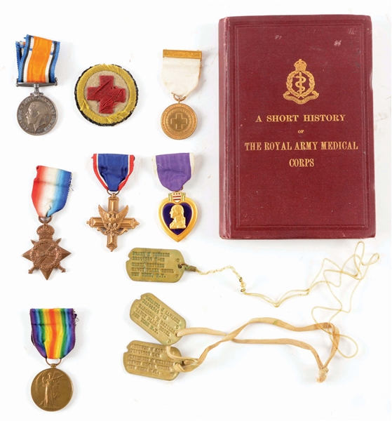 LOT OF WORLD WAR I BRITISH MEDALS, AMERICAN MEDALS AND OSS DOG TAGS.