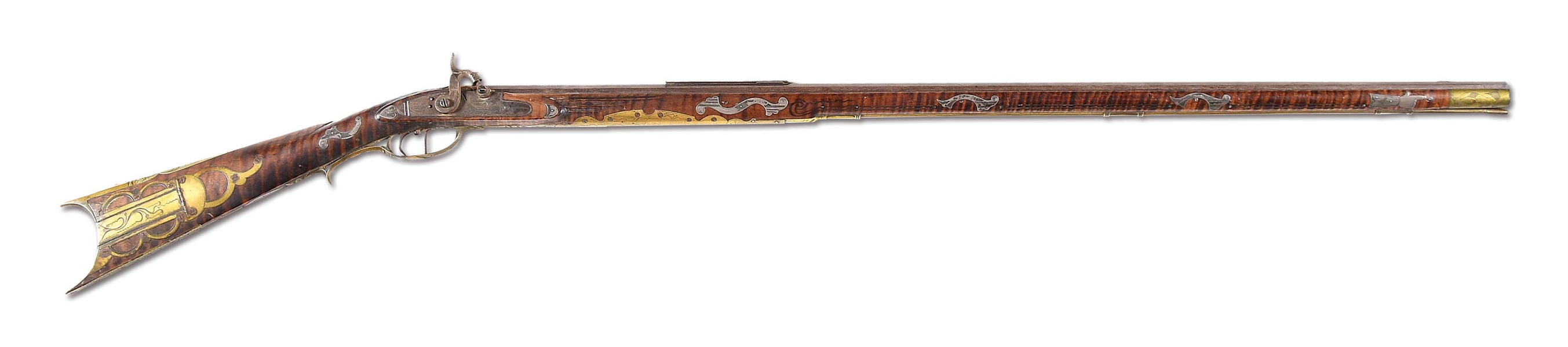 (A) FANTASTIC AND UNTOUCHED DIMINUTIVE SAMUEL STULL SIGNED PERCUSSION KENTUCKY RIFLE DATED 1850 AND DECORATED WITH 28 ENGRAVED SILVER INLAYS.