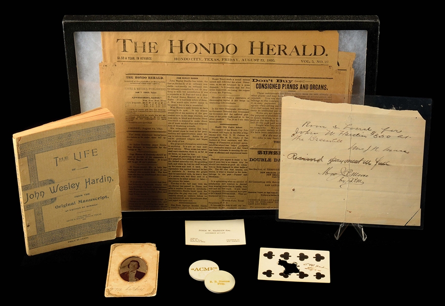 INCREDIBLE JOHN WESLEY HARDIN MEMORABILIA COLLECTION INC. ORIGINAL TIN-TYPE & AN AUTOGRAPHED SHOT-THROUGH PLAYING CARD.