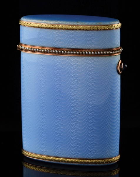 FINE FABERGE SILVER & ENAMEL CIGARETTE CASE WITH PEARLS.