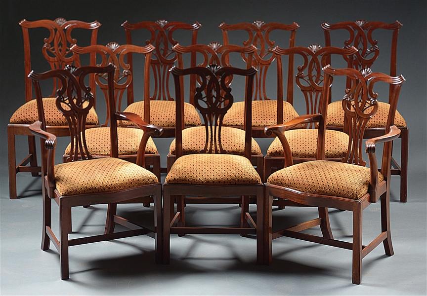 SET OF 10 CHIPPENDALE CENTENNIAL MAHOGANY DINING CHAIRS.