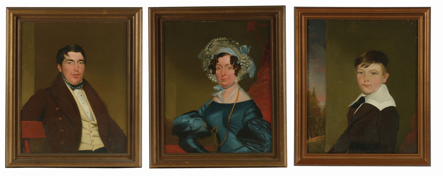 LOT OF 3: PAIR OF ENGLISH SCHOOL (EARLY 19TH CENTURY) PRIMITIVE PORTRAITS OF MR. AND MRS. CHARLES SHEPPARD AND SON.