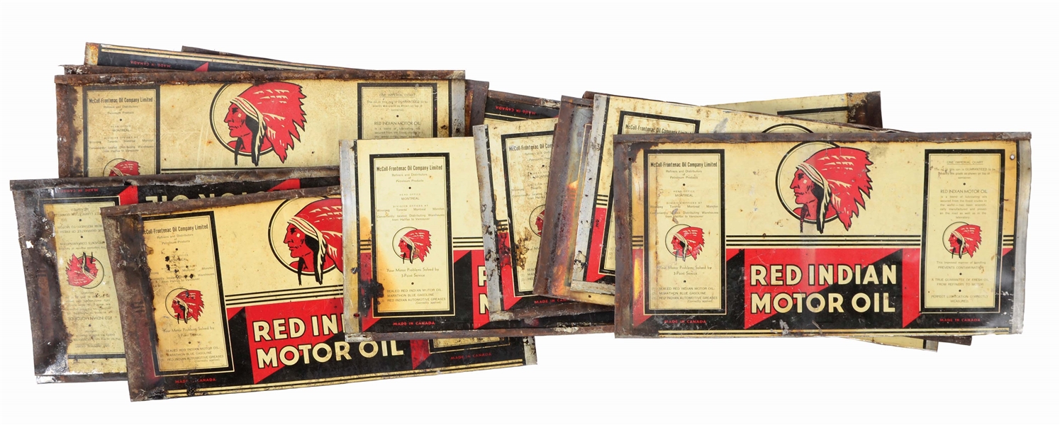 LOT OF 130: RED INDIAN MOTOR OIL FLATTENED QUART CANS.