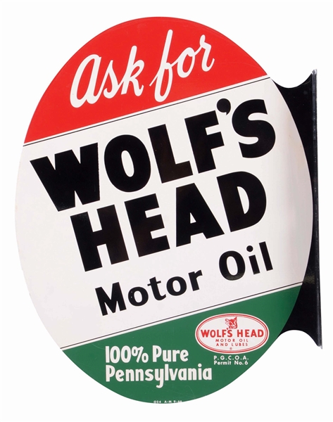 NEW OLD STOCK ASK FOR WOLFS HEAD MOTOR OILS TIN FLANGE SIGN. 