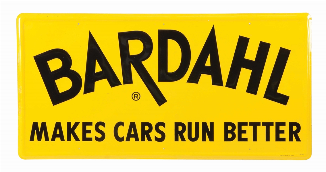 BARDAHL MOTOR OILS EMBOSSED TIN SIGN W/ SELF FRAMED EDGE.