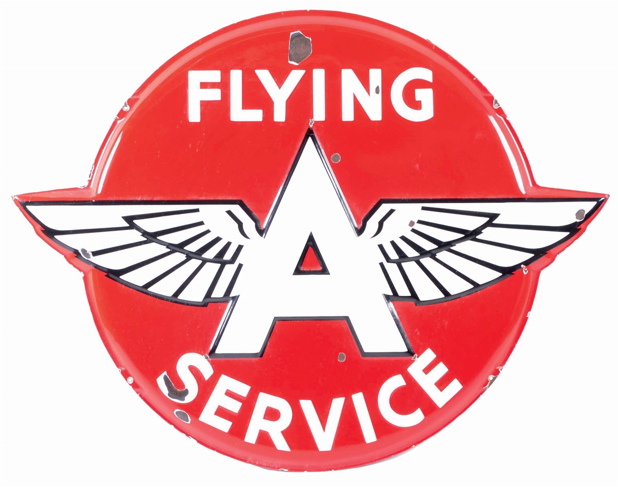 FLYING A SERVICE DIE CUT EMBOSSED PORCELAIN SIGN W/ WING GRAPHIC.