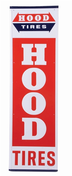 NEW OLD STOCK HOOD TIRES EMBOSSED TIN VERTICAL SIGN.