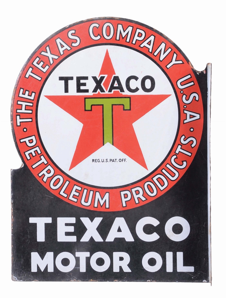 TEXACO BLACK T MOTOR OIL PORCELAIN FLANGE SIGN.