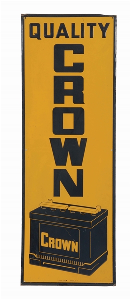 QUALITY CROWN BATTERIES EMBOSSED TIN SIGN W/ BATTERY GRAPHIC.