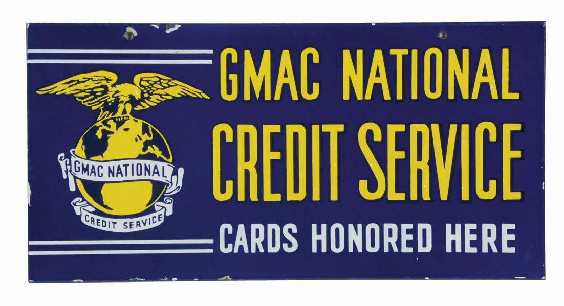 GMAC NATIONAL CREDIT SERVICE PORCELAIN SIGN W/ EAGLE GRAPHIC.
