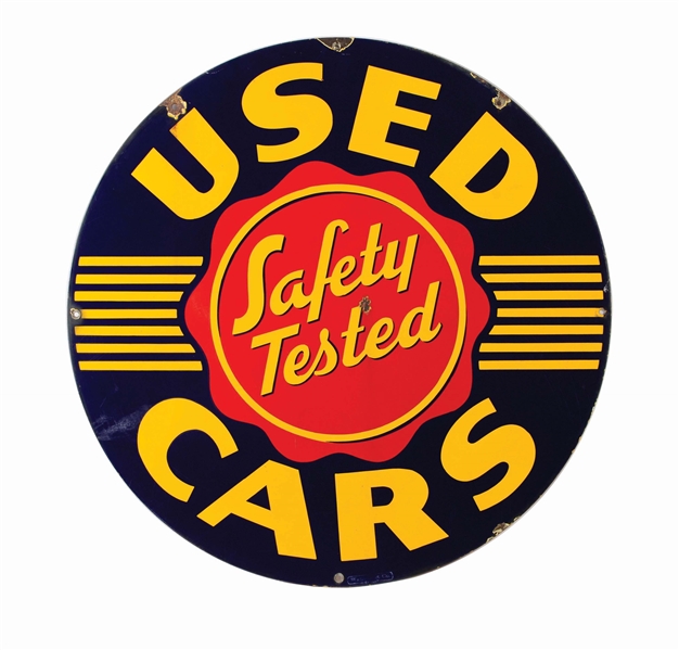 SAFETY TESTED USED CARS PORCELAIN DEALERSHIP SIGN.