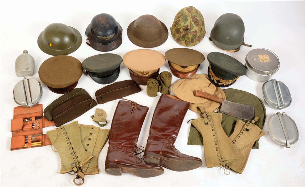 LARGE LOT OF MILITARY HELMETS, CAPS AND ACCOUTREMENTS.