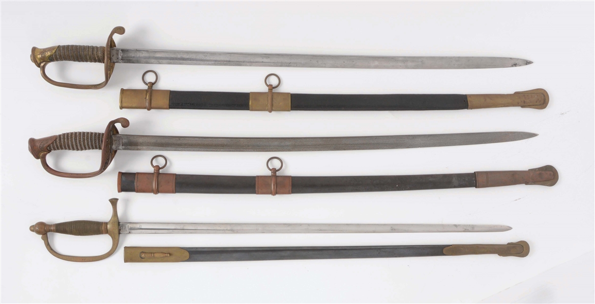 LOT OF THREE: TWO 1850 FOOT OFFICERS SWORDS, AND AN 1840 MUSICIANS SWORD DATED 1863. 