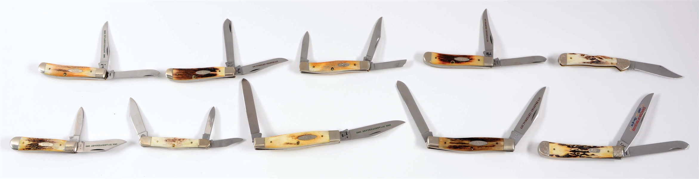 LOT OF 10: CASE VARIOUS STAG HANDLED 1, 2, AND 3 BLADED FOLDERS.